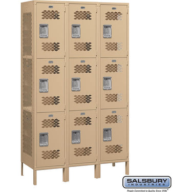 15-inch Wide Triple Tier Vented Metal Locker - 3 Wide - 6 Feet High - 18-inch Deep by Salsbury – Tan – Assembled by Salsbury