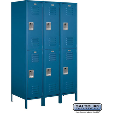18-inch Wide Double Tier Standard Metal Locker - 3 Wide - 6 Feet High - 21-inch Deep by Salsbury – Blue – Assembled by Salsbury