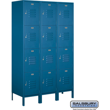 18-inch Wide Four Tier Standard Metal Locker - 3 Wide - 6 Feet High - 18-inch Deep by Salsbury – Blue – Assembled by Salsbury