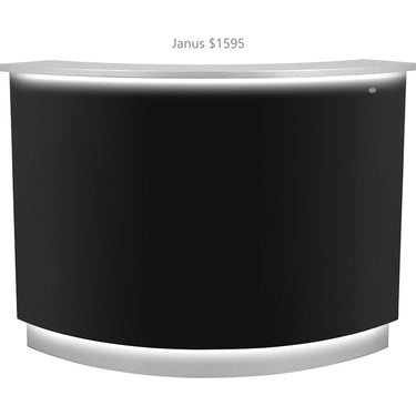DIR Reception Desk Janus with LED Lighting - Curved L-Shaped - Mix and Match 1/4" Round Center Desk + Retail Display Cabinet(s) + Storage Cabinet(s) - Available in Silver/White or Silver/Black