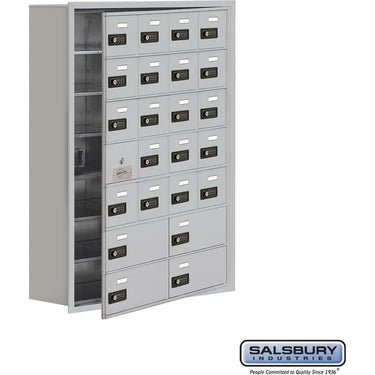 Recessed Mounted Cell Phone Storage Locker with 20 A Doors (19 usable) 4 B Doors in Aluminum - Keyed Locks by Salsbury – Aluminum – Resettable Combination Locks by Salsbury