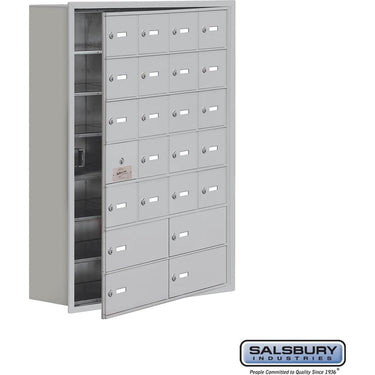 Recessed Mounted Cell Phone Storage Locker with 20 A Doors (19 usable) 4 B Doors in Aluminum - Keyed Locks by Salsbury – Aluminum – Keyed Locks by Salsbury