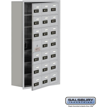 Recessed Mounted Cell Phone Storage Locker with 21 A Doors (20 usable) in Aluminum - Keyed Locks by Salsbury – Aluminum – Resettable Combination Locks by Salsbury