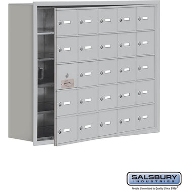 Recessed Mounted Cell Phone Storage Locker with 25 A Doors (24 usable) in Aluminum - Keyed Locks by Salsbury – Aluminum – Keyed Locks by Salsbury