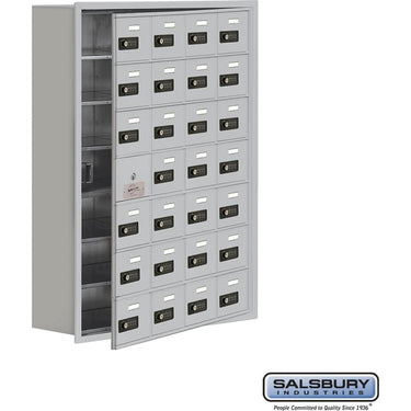 Recessed Mounted Cell Phone Storage Locker with 28 A Doors (27 usable) in Aluminum - Keyed Locks by Salsbury – Aluminum – Resettable Combination Locks by Salsbury