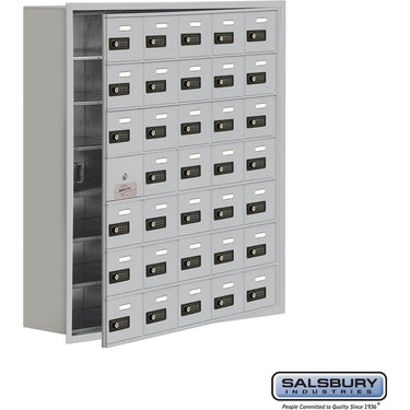 Recessed Mounted Cell Phone Storage Locker with 35 A Doors (34 usable) in Aluminum - Keyed Locks by Salsbury – Aluminum – Resettable Combination Locks by Salsbury