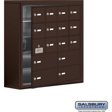 Surface Mounted Cell Phone Locker with 12 A Doors (11 usable) 4 B Doors in Sandstone - Resettable Combination Locks by Salsbury – Bronze – Keyed Locks by Salsbury