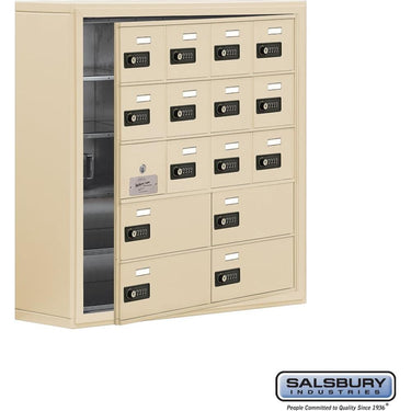 Surface Mounted Cell Phone Locker with 12 A Doors (11 usable) 4 B Doors in Sandstone - Resettable Combination Locks by Salsbury – Sandstone – Resettable Combination Locks by Salsbury