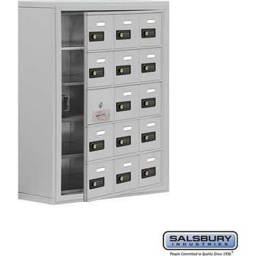 Surface Mounted Cell Phone Storage Locker with 15 A Doors (14 usable) in Aluminum - Keyed Locks by Salsbury – Aluminum – Resettable Combination Locks by Salsbury