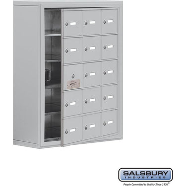 Surface Mounted Cell Phone Storage Locker with 15 A Doors (14 usable) in Aluminum - Keyed Locks by Salsbury – Aluminum – Keyed Locks by Salsbury