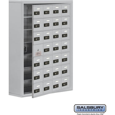 Surface Mounted Cell Phone Storage Locker with 28 A Doors (27 usable) in Aluminum - Keyed Locks by Salsbury – Aluminum – Resettable Combination Locks by Salsbury