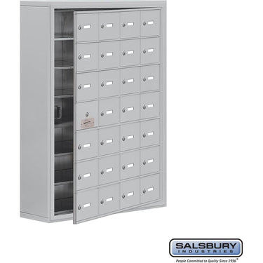 Surface Mounted Cell Phone Storage Locker with 28 A Doors (27 usable) in Aluminum - Keyed Locks by Salsbury – Aluminum – Keyed Locks by Salsbury