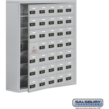 Surface Mounted Cell Phone Storage Locker with 35 A Doors (34 usable) in Aluminum - Keyed Locks by Salsbury – Aluminum – Resettable Combination Locks by Salsbury
