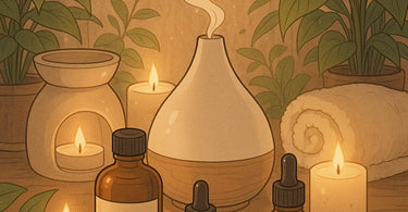 Aromatherapy essential oils and massage tools arranged beautifully for spa treatments
