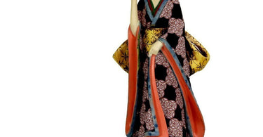 14 inch tall handcrafted Geisha figurine with ivory flower sash, perfect for spa and salon decor