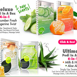 NEW Individual Treatment Sets From Voesh - Cucumber Fresh and Tangerine Twist 4-Step Sets & The All NEW Ultimate Pedi In A Box 6-Step Sets Aloe Aloe and Milk & Honey