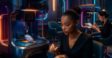 Futuristic 3D printer creating intricate nail art designs on a woman's fingernail