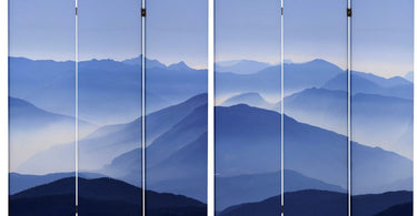 6 ft. Misty Mountain Canvas Room Divider in a spa setting, showcasing serene mountain artwork on one side and modern abstract design on the reverse