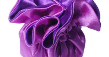 Case of 72, 7-inch reversible satin pouches with cord drawstrings in purple and violet displayed for professional salon and spa use.
