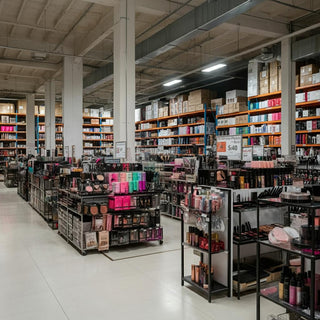 Beauty Supply Warehouse with shelves stocked full of professional beauty supplies.