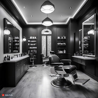 Classic black and white barber shop image showcasing essential barber tools.