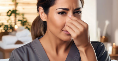 Esthetician holding her nose due to an unpleasant smell in the spa
