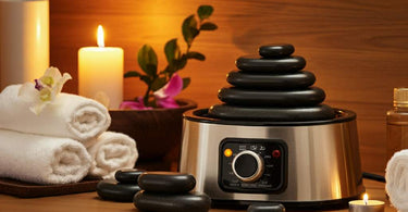 Professional hot stone massage setup with basalt stones and heater