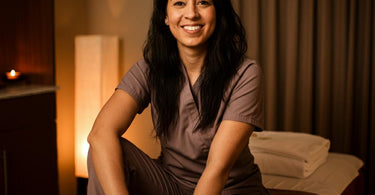 A serene massage therapist practicing self-care with Pure Spa Direct products