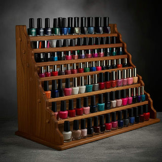 A colorful rack of nail polish bottles, perfect for at-home gel manicures