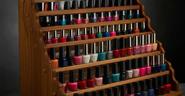 A colorful rack of nail polish bottles, perfect for at-home gel manicures