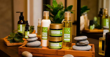 Organic hair care products displayed in a spa setting