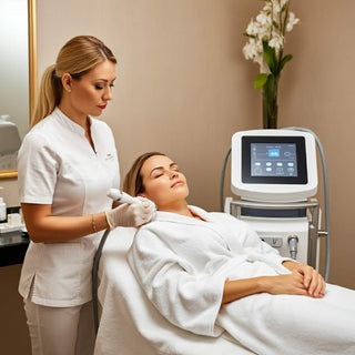 Spa professional performing RF skin tightening treatment on a client