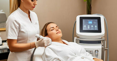 Spa professional performing RF skin tightening treatment on a client