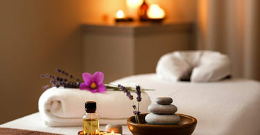 A serene spa setting with soft lighting and comfortable furnishings