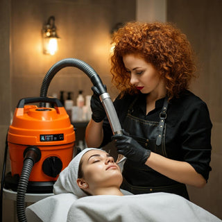 Esthetician humorously using an orange industrial shop vac on a client's face