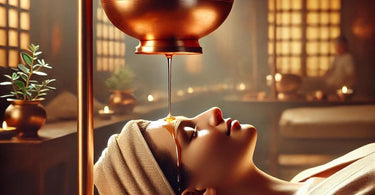 Client experiencing Shirodhara with a warm oil stream over their forehead, creating a deeply relaxing Ayurvedic experience
