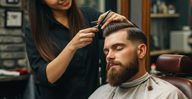 Client peacefully sleeping during a haircut in a salon