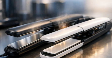 Close-up comparison of titanium and ceramic plates on professional hair flat irons in a salon setting