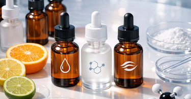 Close-up of professional skincare products including dropper bottles of vitamin C serum, next to fresh citrus fruits on a spa towel