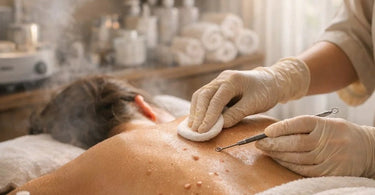 Close-up professional treatment of back acne showing gloved hands performing an extraction on a client's skin in a spa setting.