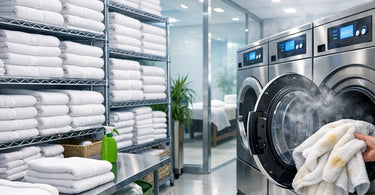 A neatly folded stack of white spa linens and towels on a wooden shelf, representing an organized laundry system for a therapist or spa.