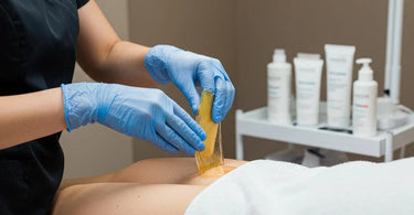 Professional esthetician performing a waxing treatment on a client