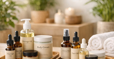 A serene spa treatment room featuring all-natural massage oils, lotions, and essential oils arranged on a linen-covered table with greenery