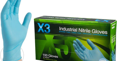 Ammex X3 Blue Nitrile Disposable Gloves box image showcasing the latex-free, powder-free industrial-grade gloves for salon and spa professionals.
