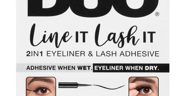 Ardell Duo Line It Lash It 2-In-1 Eyeliner and Lash Adhesive packaging shown with a fine tip applicator, demonstrating the product's dual purpose for professional lash services.