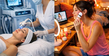 A spa professional performing a facial treatment on a relaxed client, with an array of professional skincare devices and products in the background
