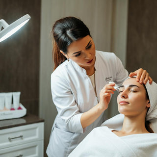 Esthetician examining a client's skin