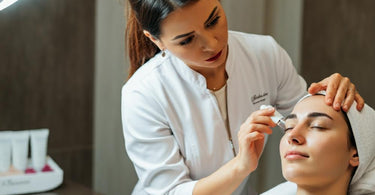 Esthetician examining a client's skin