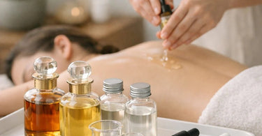 A serene spa setting with massage oils, essential oil bottles, and fresh lavender, representing aromatherapy safety and professional massage practices.