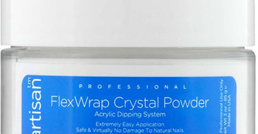Artisan FlexWrap Crystal Clear Acrylic Dipping Powder jar showing bubble-free non-yellowing formula